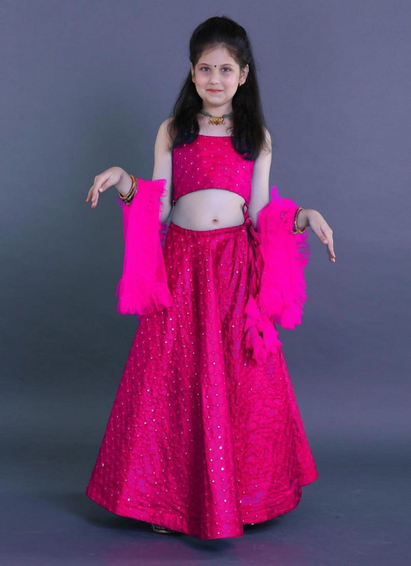 Launching New Designer Kids Lehnga Choli With embroidery Work and Soft Net Four Sided Ruffles Work Dupatta {SIZE: 
5-10 YEAR: 30/32 (INCHES LENGTH); 11-16 YEAR: 34/36 (INCHES LENGTH)}